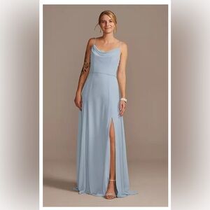 EUC David’s Bridal Cowl Neck Chiffon Dress with Slit - Dusty Blue Size 6